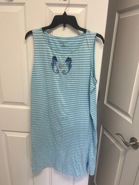 Talbots Light Blue & White Striped Sleeveless Coverup Dress with Seahorse